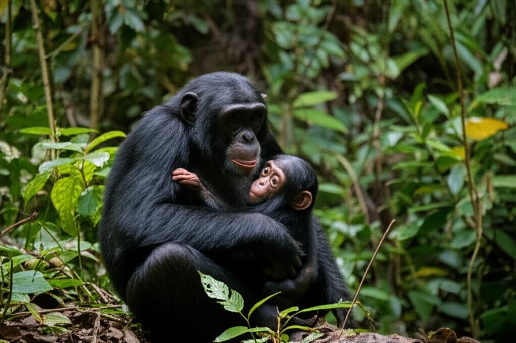 Una madre scimpanzé dell'Africa occidentale selvaggia culla teneramente il suo piccolo nella foresta pluviale del Parco Nazionale di Taï. Fotografia naturalistica, teleobiettivo zoom 200mm, alta velocità dell'otturatore, tracciamento del movimento, per catturare l'intimità e la protezione.