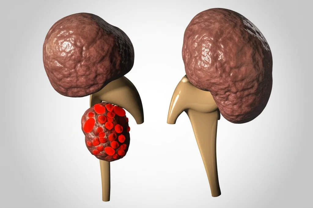 Visualizzazione 3D medica ultra-realistica che mostra una ghiandola surrenale ingrossata con un tumore (carcinoma surrenalico pediatrico) accanto a un rene controlaterale sano e un rene con piccoli calcoli di acido urico rosso mattone visibili nel sistema collettore, illuminazione clinica precisa focalizzata sulle aree patologiche, alta definizione, sfondo neutro.