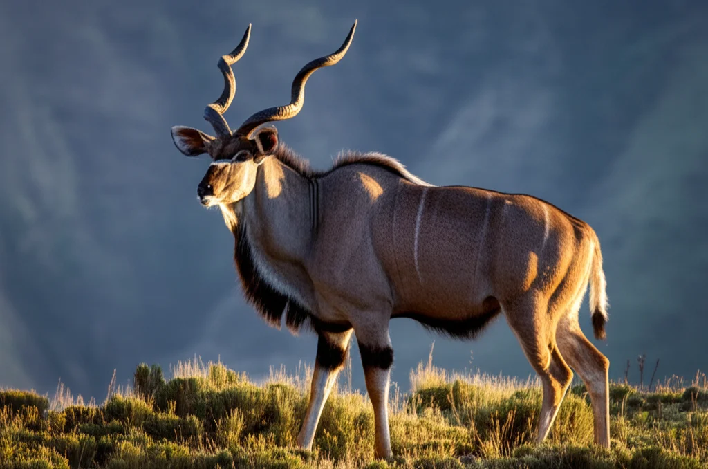 Fotografia naturalistica di un Tragelafus di Menelik maschio adulto, con corna a spirale ben visibili, in un habitat di alta montagna etiope caratterizzato da vegetazione afro-alpina rada e pendii rocciosi. Obiettivo teleobiettivo zoom 200mm, scatto veloce per congelare il movimento, luce naturale del tardo pomeriggio che crea ombre morbide, alta definizione dei dettagli del manto e dell'ambiente.