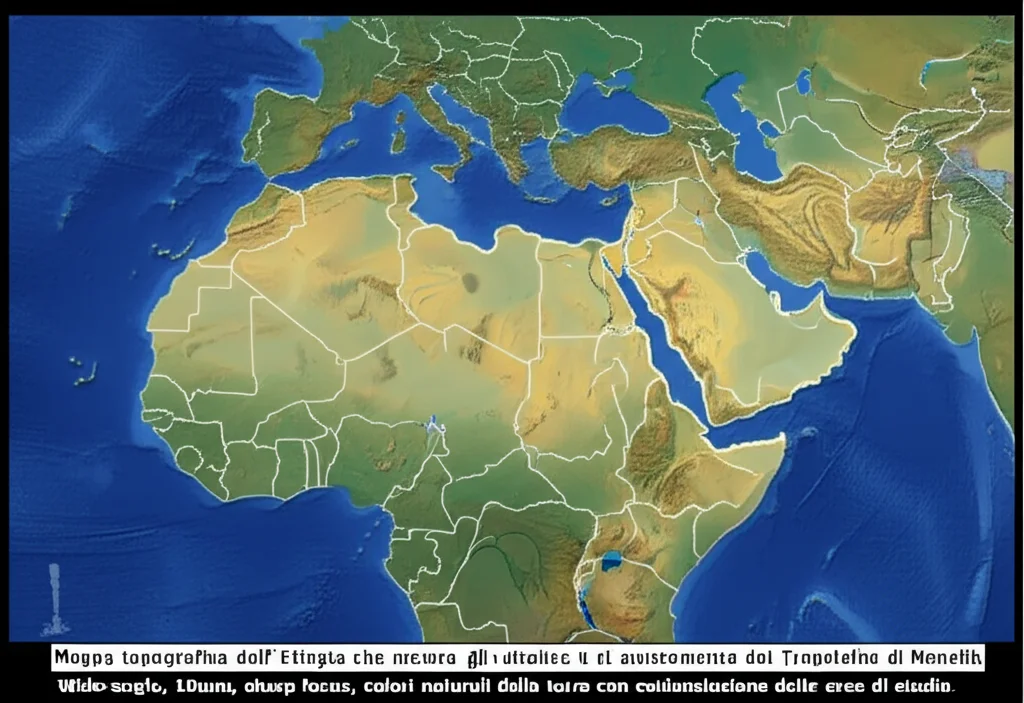 Mappa topografica dell'Etiopia che mostra gli altopiani e i punti di avvistamento del Tragelafus di Menelik. Wide-angle, 10mm, sharp focus, colori naturali della terra con evidenziazione delle aree di studio.