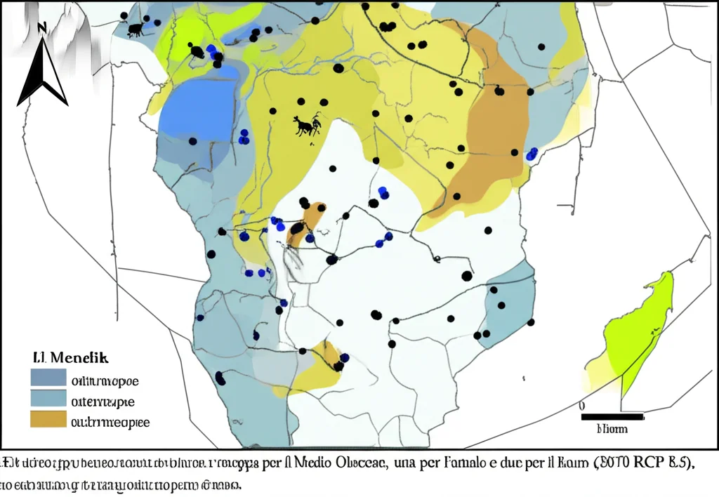 Serie di mappe comparative che mostrano la contrazione dell'habitat del Tragelafus di Menelik: una mappa per il Medio Olocene, una per l'attuale e due per il futuro (2070 RCP 8.5), evidenziando le aree perse. Wide-angle, 10mm, sharp focus, con legenda chiara per i diversi periodi e scenari.