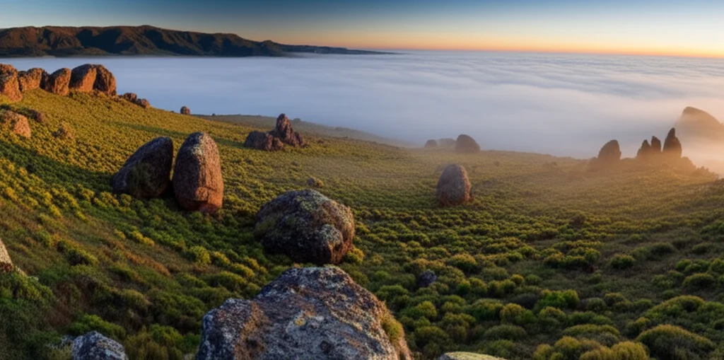 Un paesaggio afro-alpino etiope con vegetazione rada, rocce e nebbia mattutina, potenziale habitat del Tragelafus di Menelik. Landscape wide-angle, 10mm, long exposure per nuvole setose, sharp focus sulle texture del terreno.