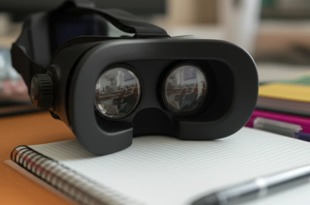 Primo piano di un visore VR appoggiato su un banco di scuola, con quaderni e penne sullo sfondo. Nelle lenti del visore si riflette un'immagine sfocata di un'aula virtuale colorata e interattiva. Macro lens, 60mm, high detail, precise focusing, luce soffusa da finestra.