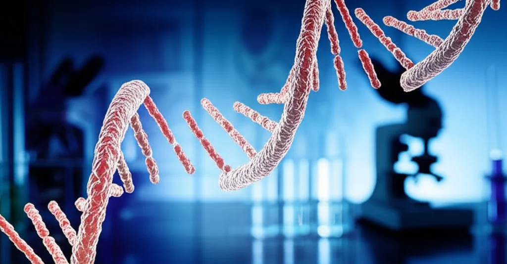 Immagine fotorealistica di doppie eliche di DNA stilizzate, con focus selettivo su alcune basi che appaiono alterate o 'mutate', illuminate da una luce soffusa. Sfondo leggermente sfocato di un laboratorio di genetica con microscopi e provette. Obiettivo macro, 85mm, illuminazione controllata per evidenziare i dettagli del DNA.