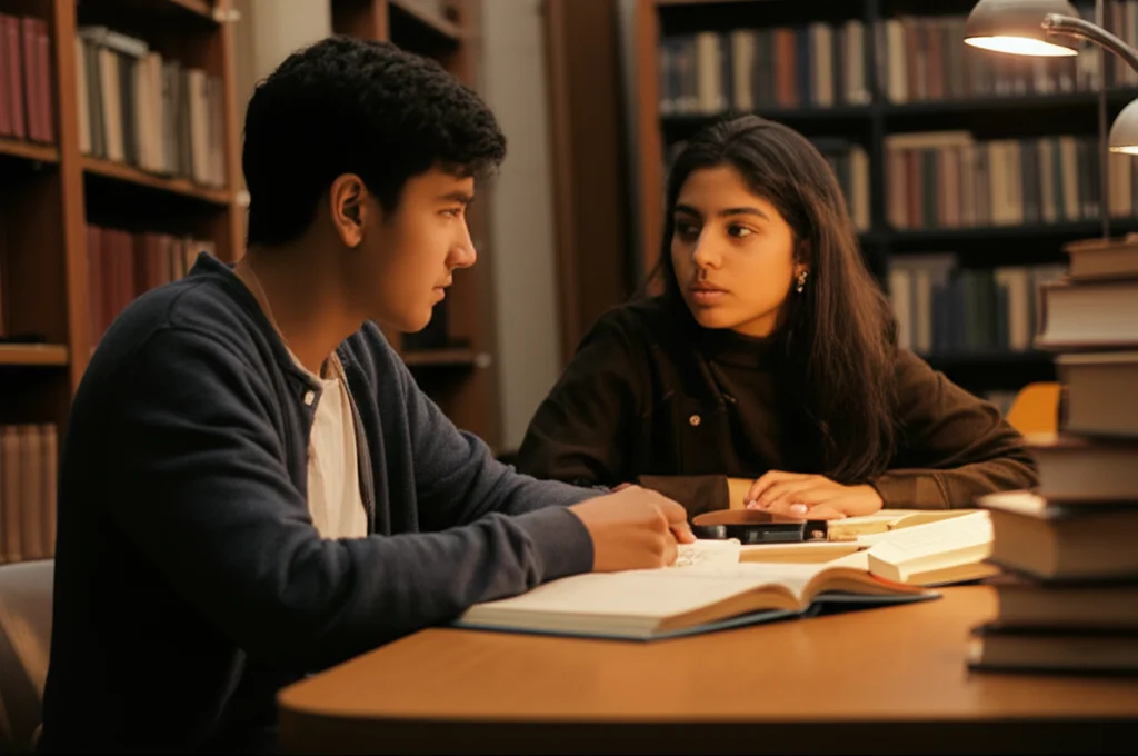 Due giovani studenti di medicina cinesi, un ragazzo e una ragazza, seduti a un tavolo in una biblioteca universitaria, discutono animatamente ma con rispetto, circondati da libri. Luce soffusa da lampade da tavolo, obiettivo da 50mm, focus sui loro volti espressivi, stile documentaristico con colori caldi per enfatizzare l'interazione e lo studio.