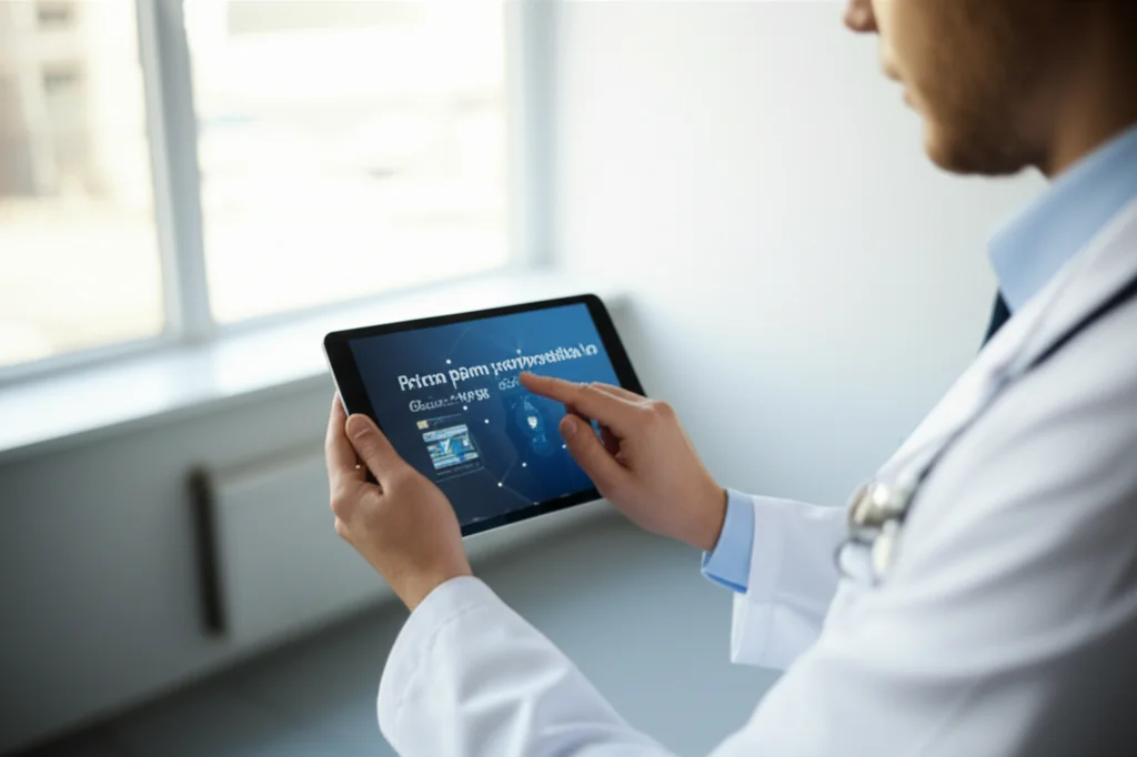 Primo piano di un medico che interagisce con un tablet mostrando un'interfaccia utente di un software predittivo per la classificazione Killip, sfondo sfocato di un ambiente ospedaliero, obiettivo prime da 50mm, luce naturale da finestra, profondità di campo per isolare il soggetto.