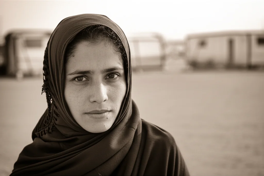 Ritratto fotografico di una donna siriana rifugiata nel campo di Zaatari, obiettivo da 35mm, duotono seppia e grigio, profondità di campo, che esprima resilienza e dignità nonostante le difficoltà, con lo sfondo leggermente sfocato delle caravan del campo.