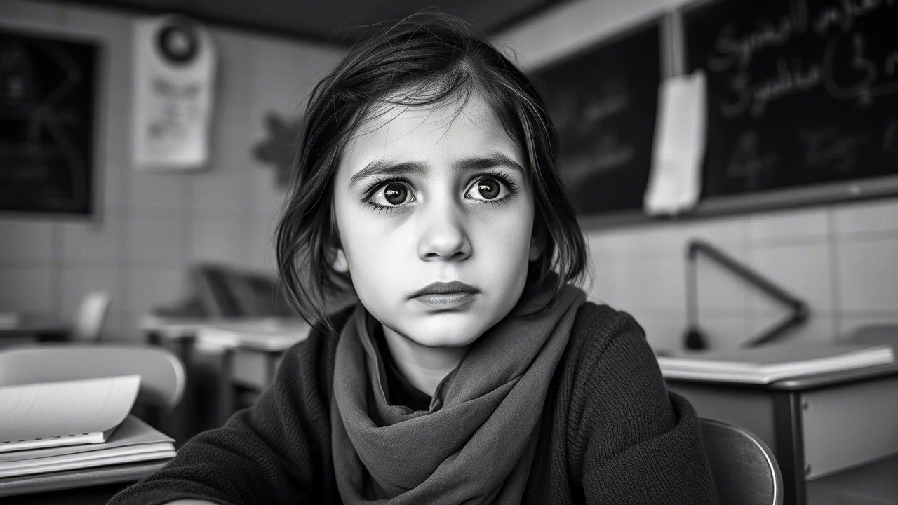 Fotografia di una giovane ragazza siriana in un'aula improvvisata nel campo di Zaatari, obiettivo da 35mm, bianco e nero, stile reportage, che catturi la sua espressione pensierosa e la precarietà dell'ambiente educativo, con dettagli di quaderni e lavagna.