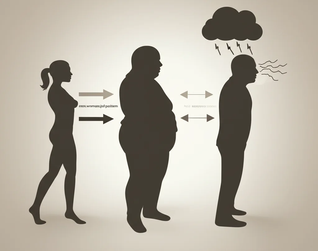 Un grafico stilizzato che mostra tre silhouette umane. La prima, a sinistra, è snella con una freccia stabile accanto (non-overweight pattern). La seconda, al centro, è leggermente più robusta con una freccia che sale moderatamente (moderate increase). La terza, a destra, è visibilmente più pesante con una freccia che sale ripidamente (high increase pattern) e un'icona di nuvoletta scura sopra la testa a simboleggiare la depressione. Prime lens, 35mm, duotone seppia e grigio scuro, depth of field, per illustrare la correlazione tra aumento di peso e rischio depressione.
