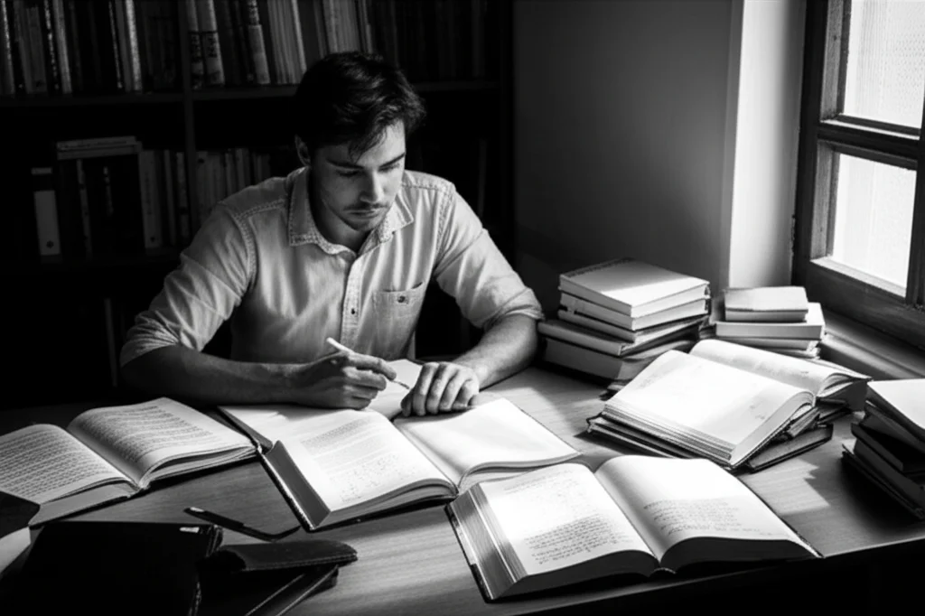 Ritratto fotografico di uno studente di farmacia seduto a una scrivania piena di libri e appunti sulla farmacologia, con un'espressione concentrata e pensierosa, illuminato da una luce da finestra laterale. Obiettivo prime da 35mm, bianco e nero con elevato contrasto, profondità di campo ridotta per mettere a fuoco lo studente e sfocare leggermente lo sfondo.