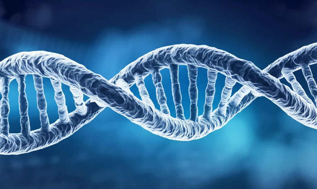 Primo piano di una doppia elica di DNA, illuminazione da laboratorio controllata con dettagli precisi, lente macro 90mm, sfondo leggermente sfocato per enfatizzare la struttura del DNA, colori freddi e brillanti che ne evidenziano la complessità.