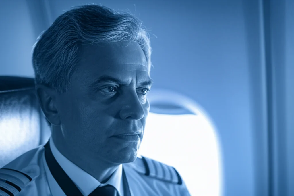 Ritratto di un assistente di volo professionista, uomo, sui 40 anni, che guarda fuori dal finestrino di un aereo con espressione pensierosa, luce soffusa dell'alba che illumina parzialmente il viso, 35mm, profondità di campo che sfoca la cabina sullo sfondo, toni blu e grigio duotone per un'atmosfera riflessiva.