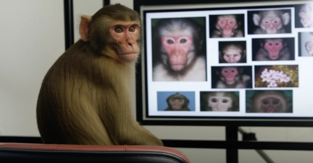 Fotografia realistica di un macaco rhesus seduto comodamente su una sedia da primate, di fronte a uno schermo che mostra un array di 11 immagini naturalistiche diverse, tra cui volti, case e fiori. L'occhio del macaco è chiaramente focalizzato su un'immagine target, illustrando il compito di ricerca visiva. L'ambiente è un laboratorio pulito e ben illuminato. Obiettivo prime, 35mm, profondità di campo per mettere a fuoco il macaco e lo schermo, illuminazione da studio controllata per dettagli nitidi e colori vividi.