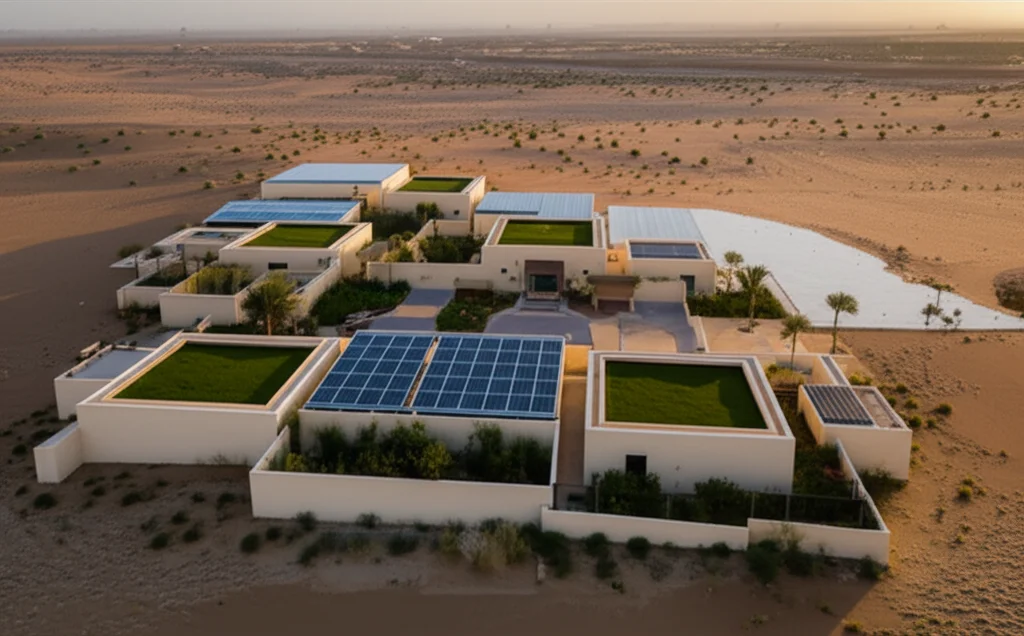 Fotografia paesaggistica, grandangolo 15mm, un ecovillaggio moderno e sostenibile che sorge in un'area desertica egiziana, con pannelli solari sui tetti e aree verdi irrigate, luce dorata del tardo pomeriggio, messa a fuoco nitida, dettagli elevati.