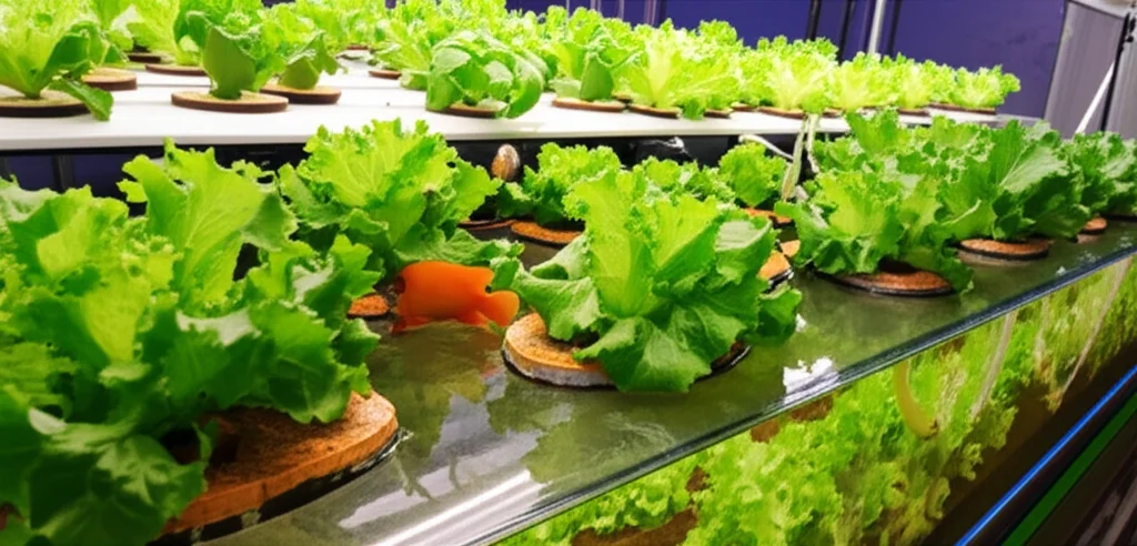 Fotografia di still life, obiettivo macro 90mm, dettaglio di un sistema di acquaponica con pesci tilapia in vasche e piante rigogliose come lattuga o basilico che crescono in letti idroponici, illuminazione controllata per evidenziare la freschezza dei prodotti e la limpidezza dell'acqua, alta definizione dei dettagli.