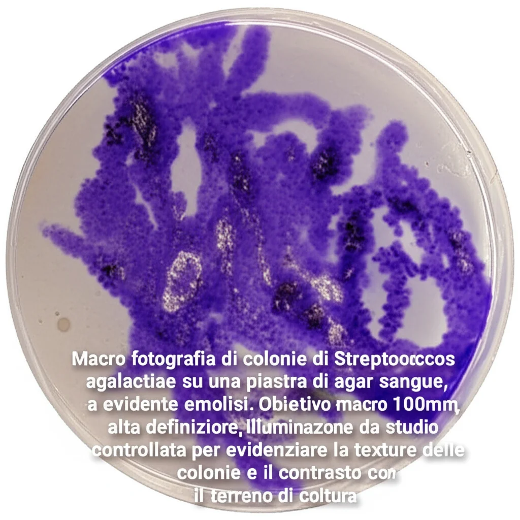 Macro fotografia di colonie di Streptococcus agalactiae su una piastra di agar sangue, con evidente emolisi. Obiettivo macro 100mm, alta definizione, illuminazione da studio controllata per evidenziare la texture delle colonie e il contrasto con il terreno di coltura.