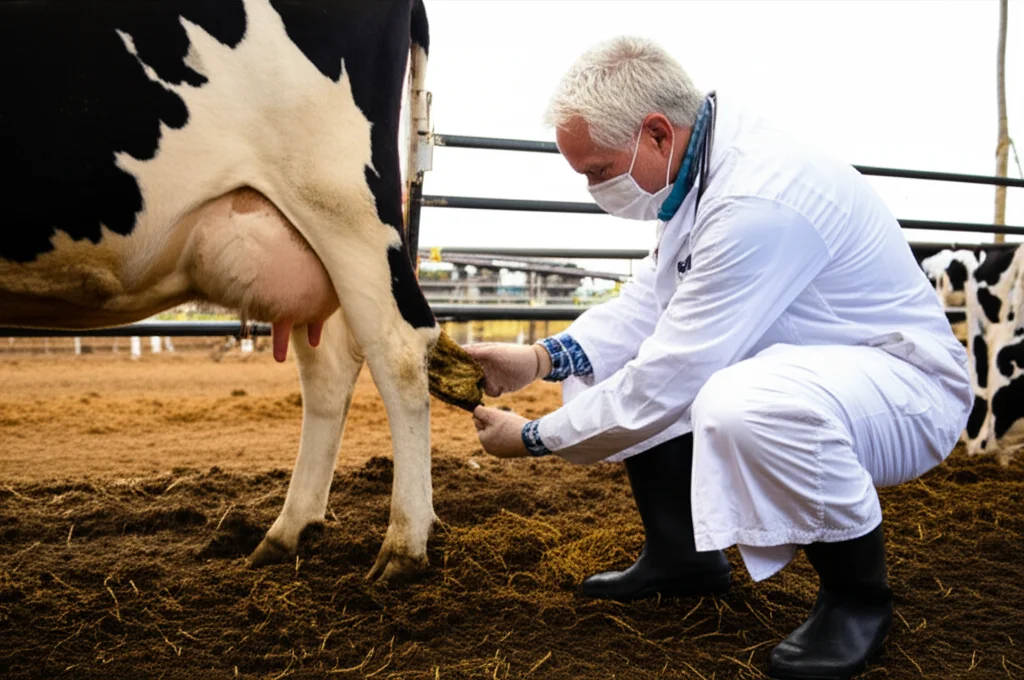 Un veterinario in un allevamento argentino esamina attentamente una mucca da latte, controllando la mammella per segni di mastite. Teleobiettivo zoom 100-400mm, fast shutter speed, action or movement tracking per catturare l'interazione naturale, con l'ambiente della stalla visibile ma leggermente sfocato.