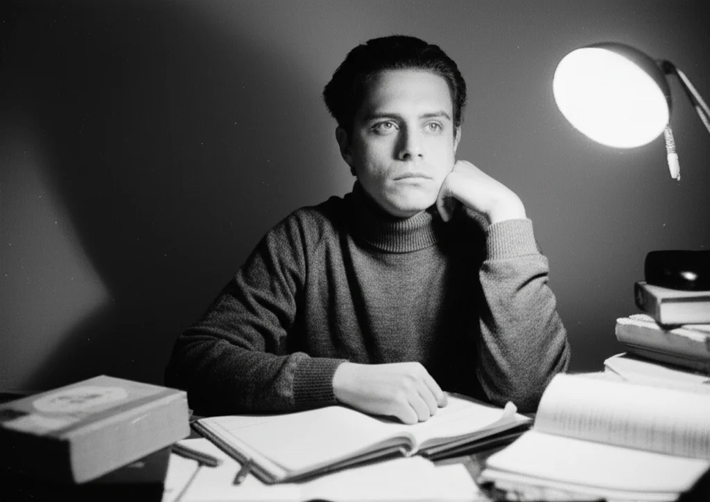 Ritratto fotografico di uno studente di infermieristica croato, pensieroso ma determinato, con libri di testo e appunti sparsi su una scrivania illuminata da una lampada. Obiettivo da 35mm, bianco e nero film, profondità di campo che sfoca leggermente lo sfondo per concentrarsi sull'espressione intensa dello studente.