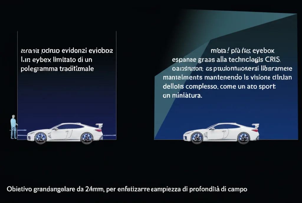 Un'immagine concettuale che mostra l'effetto dell'eyebox espanso. A sinistra, una piccola area evidenziata rappresenta l'eyebox limitato di un ologramma tradizionale, con un occhio che deve essere posizionato precisamente. A destra, un'area molto più grande rappresenta l'eyebox espanso grazie alla tecnologia CRIS, con un occhio che può muoversi liberamente mantenendo la visione dell'ologramma 3D di un oggetto complesso, come un'auto sportiva in miniatura. Obiettivo grandangolare da 24mm, per enfatizzare l'ampiezza, con effetto di profondità di campo.