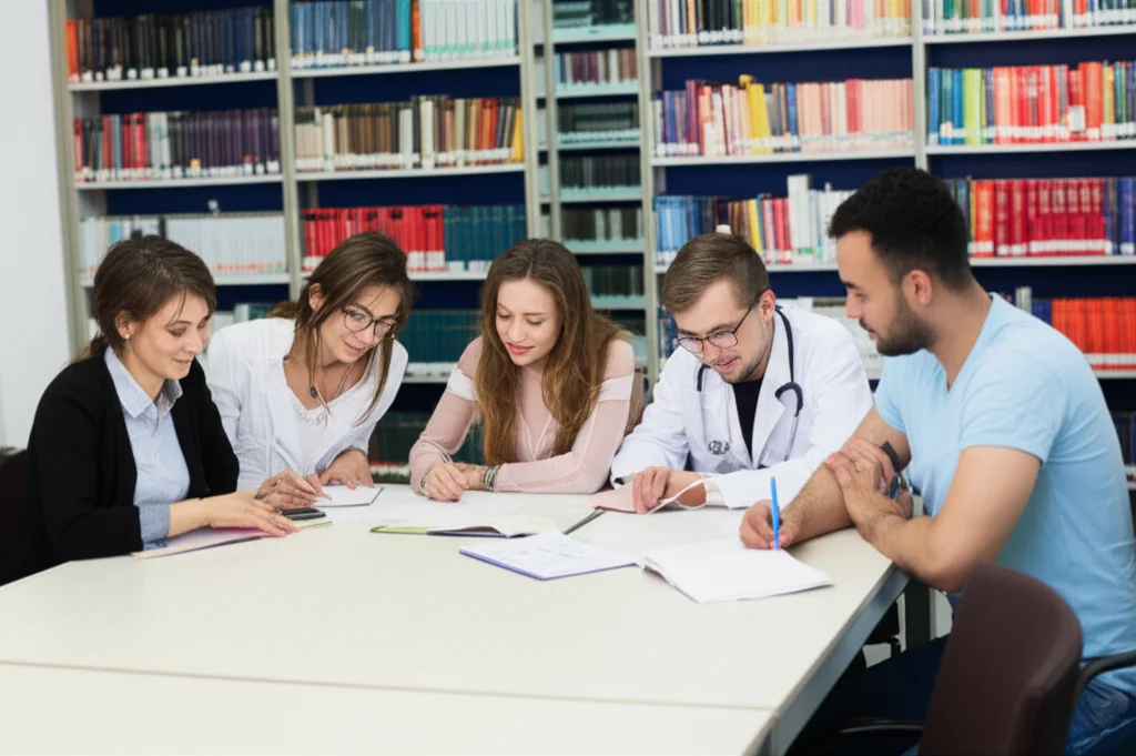 Fotografia grandangolare di un gruppo diversificato di studenti di infermieristica che collaborano attorno a un tavolo in una moderna biblioteca universitaria, con scaffali di libri sullo sfondo. Obiettivo grandangolare da 24mm, luce diffusa, atmosfera di studio e collaborazione.
