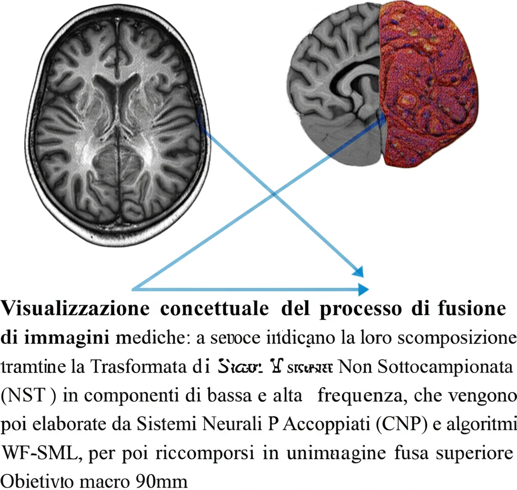 Visualizzazione concettuale del processo di fusione di immagini mediche: a sinistra, un'immagine MRI cerebrale; a destra, un'immagine PET. Frecce indicano la loro scomposizione tramite la Trasformata di Shearlet Non Sottocampionata (NSST) in componenti di bassa e alta frequenza, che vengono poi elaborate da Sistemi Neurali P Accoppiati (CNP) e algoritmi WF-SML, per poi ricomporsi in un'immagine fusa superiore. Obiettivo macro 90mm, illuminazione controllata, dettagli precisi, resa fotorealistica.