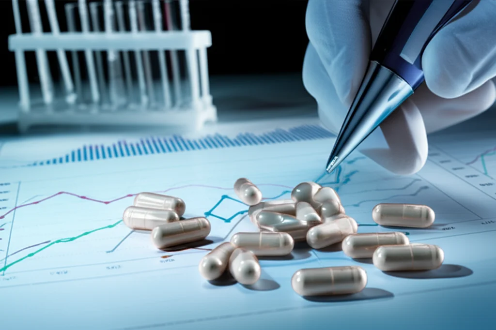 Fotografia macro di capsule di nicotinamide e placebo su un tavolo da laboratorio, con provette e grafici di dati scientifici sullo sfondo, illuminazione controllata, alta definizione, obiettivo 90mm.