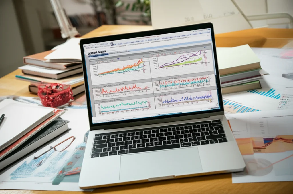Una scrivania accademica ingombra di libri e articoli scientifici, con un computer portatile aperto che mostra grafici di dati. Illuminazione da studio controllata, obiettivo prime 35mm, per un ritratto dell'ambiente di ricerca.
