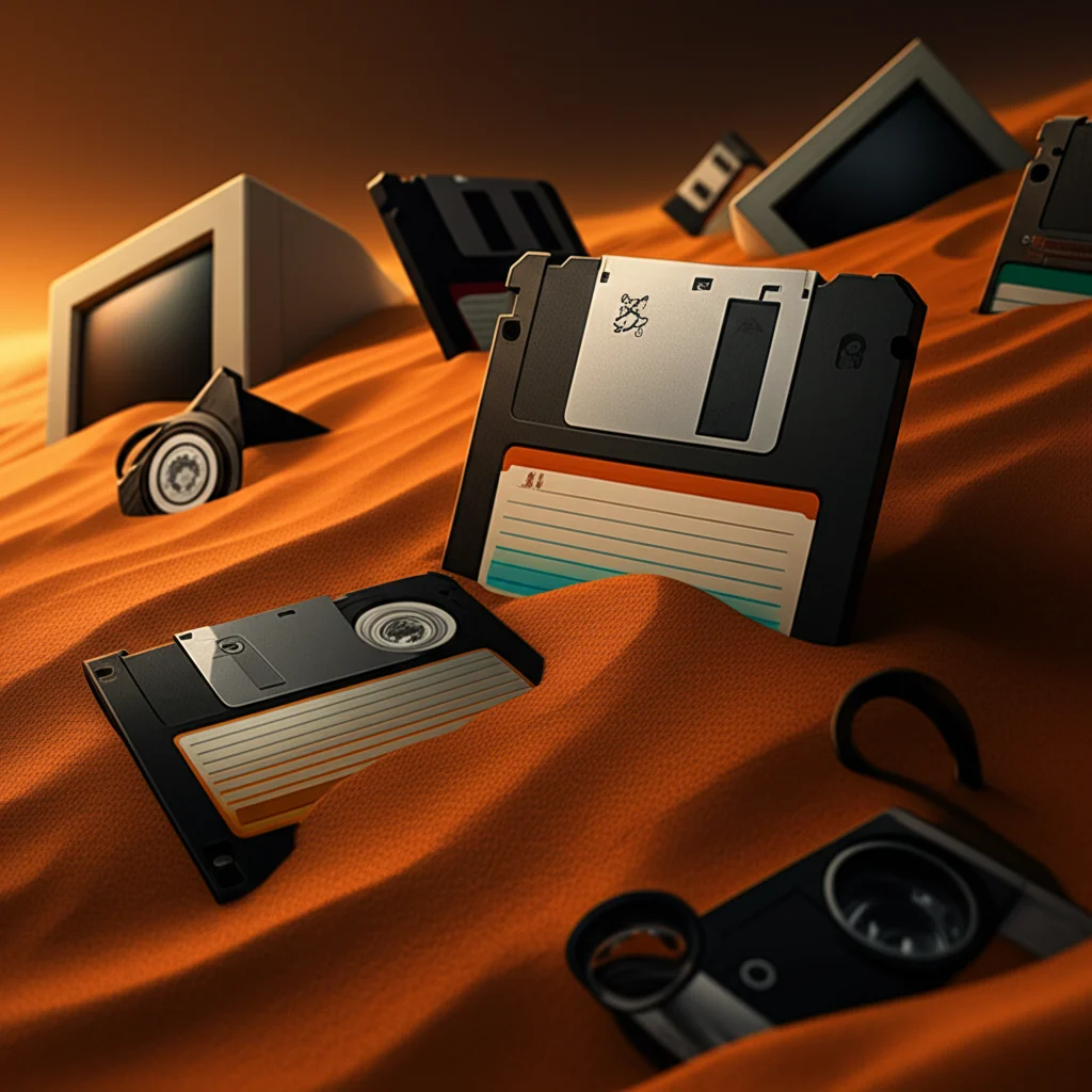 Un cimitero di vecchi gadget tecnologici (vecchi computer, floppy disk, videocassette) semi-sepolti nella sabbia, simboleggiando le tecnologie obsolete. Obiettivo macro 60mm, luce naturale al tramonto per un effetto malinconico, alta definizione sui dettagli arrugginiti.