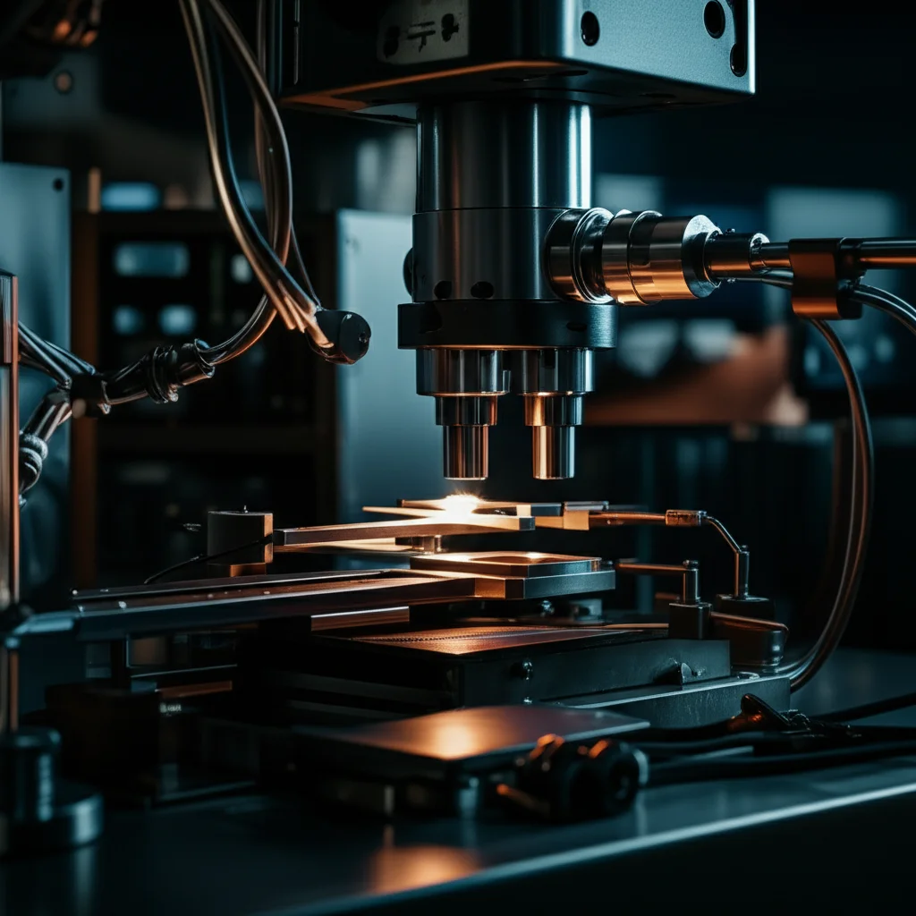 Una catena di montaggio stilizzata dove vengono prodotti articoli scientifici identici, simboleggiando la pressione a pubblicare in quantità. Illuminazione industriale fredda, obiettivo zoom 24-70mm per una visione d'insieme, dettagli metallici lucidi.