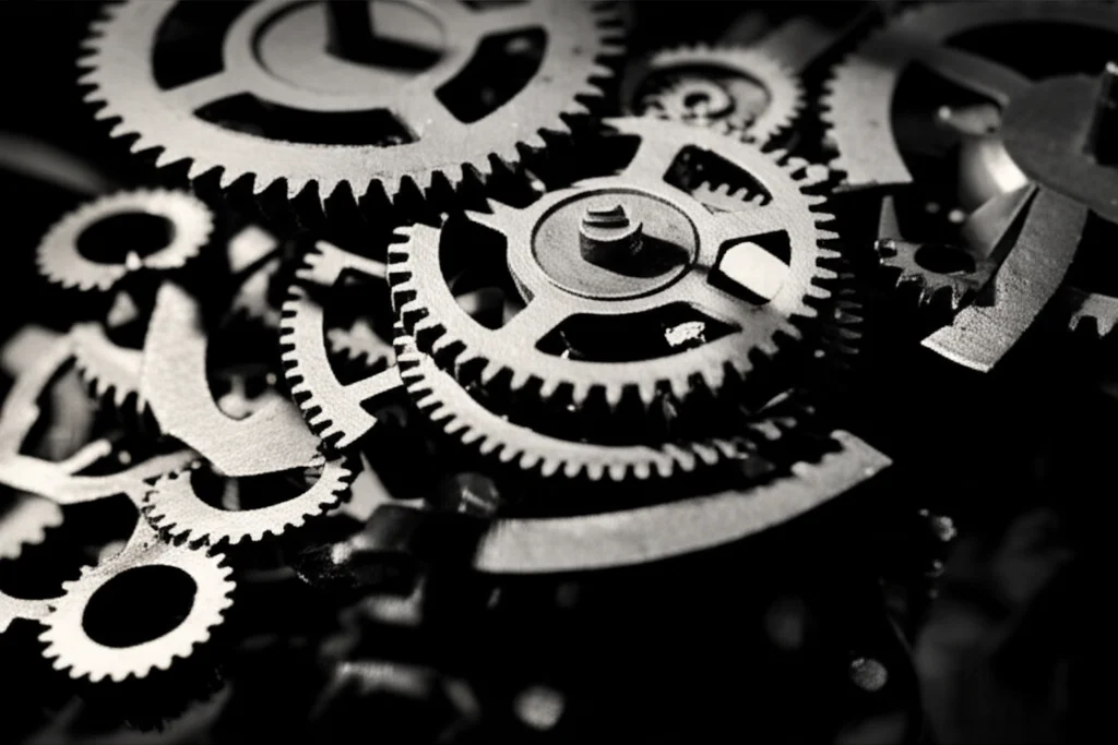 Un labirinto complesso di ingranaggi arrugginiti e bloccati, a simboleggiare i sistemi accademici che ostacolano il progresso. Obiettivo prime 50mm, illuminazione drammatica con ombre profonde, film noir, per enfatizzare la complessità e l'inerzia.