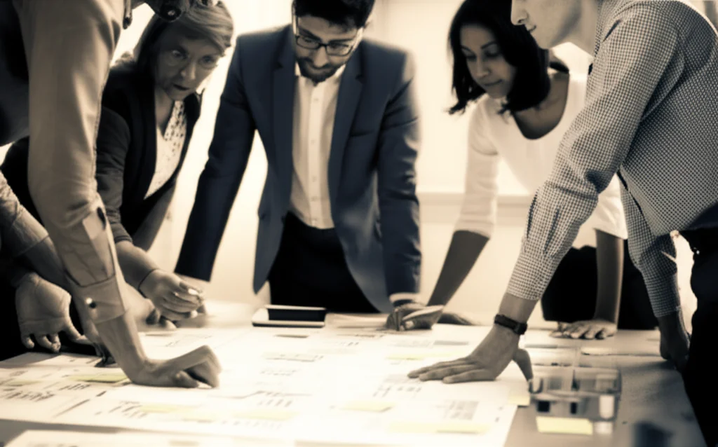 Un gruppo diversificato di ricercatori che collaborano attorno a un tavolo luminoso, scambiandosi idee con post-it e diagrammi. Obiettivo prime 24mm, luce calda e accogliente, per trasmettere collaborazione e innovazione, duotone seppia e blu.