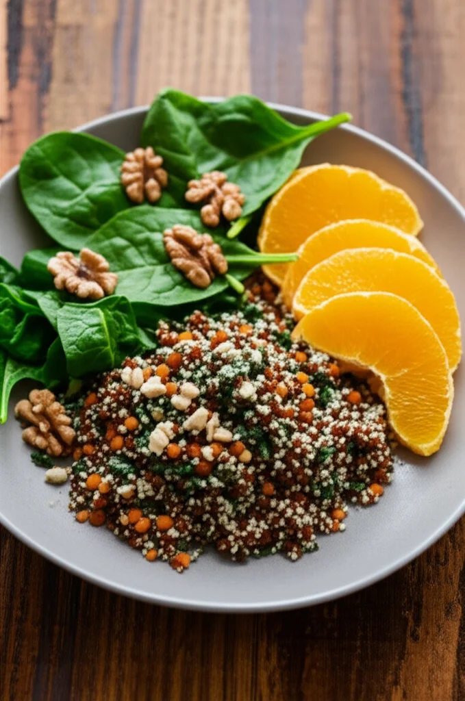 Fotografia still life, macro lens 100mm, un piatto splendidamente composto secondo i principi della Dieta Planetaria, con una porzione di quinoa, lenticchie rosse, spinaci freschi, noci tritate e spicchi d'arancia, illuminazione da studio controllata per esaltare i colori vivaci e la texture degli ingredienti, su un tavolo di legno rustico.