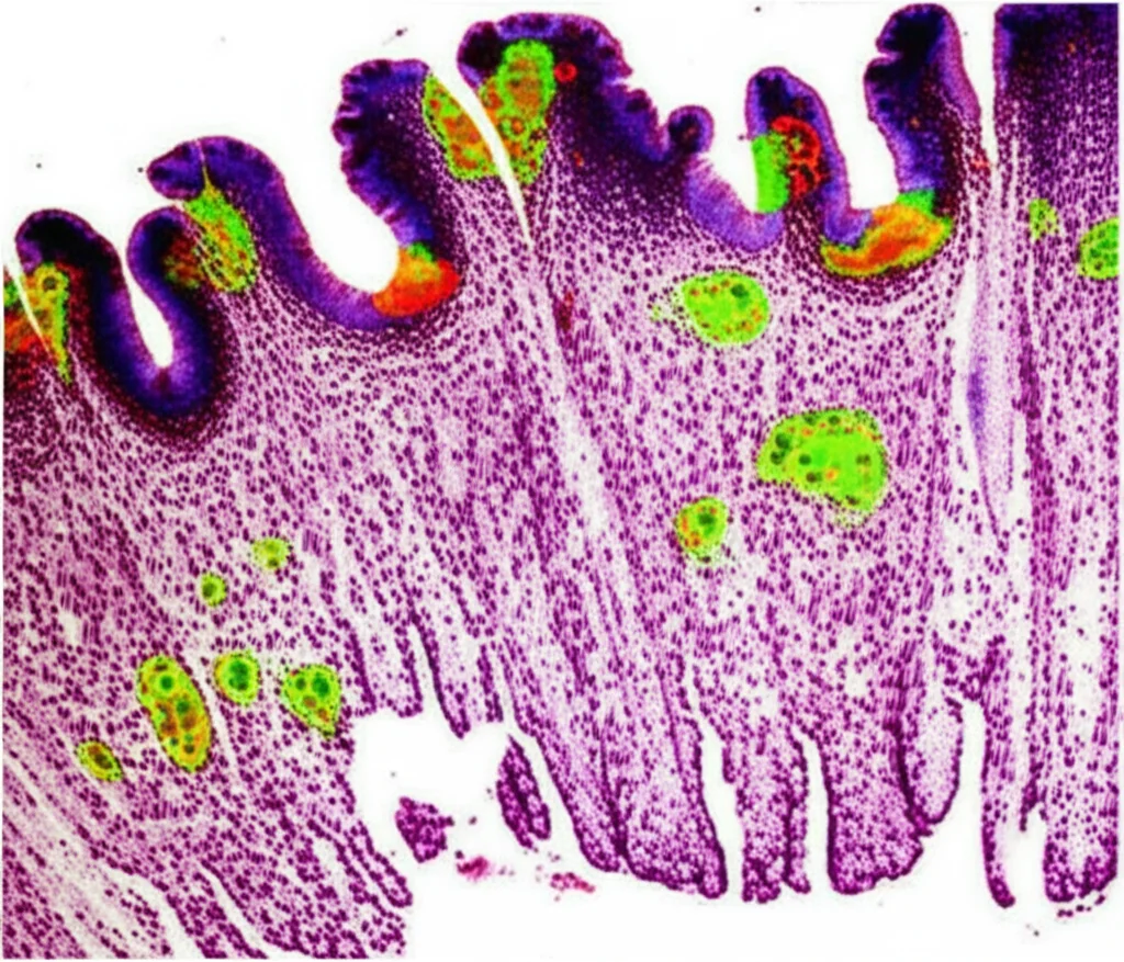Microscopia ad alta risoluzione di macrofagi M1 pro-infiammatori (magari evidenziati in rosso) e M2 anti-infiammatori (in verde) nel tessuto intestinale di un topo con colite indotta da DSS. Obiettivo macro 80mm, illuminazione controllata per distinguere chiaramente i due tipi cellulari, alto dettaglio delle membrane e dei nuclei cellulari.