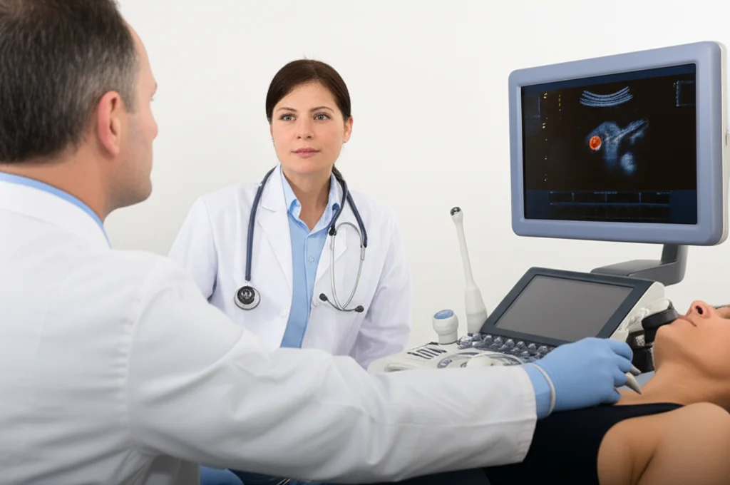 Primo piano di un medico che esegue un'ecografia tiroidea su un paziente, con lo schermo dell'ecografo che mostra chiaramente un nodulo. Obiettivo prime 35mm, luce da studio controllata, alta definizione dei dettagli, espressione concentrata del medico.