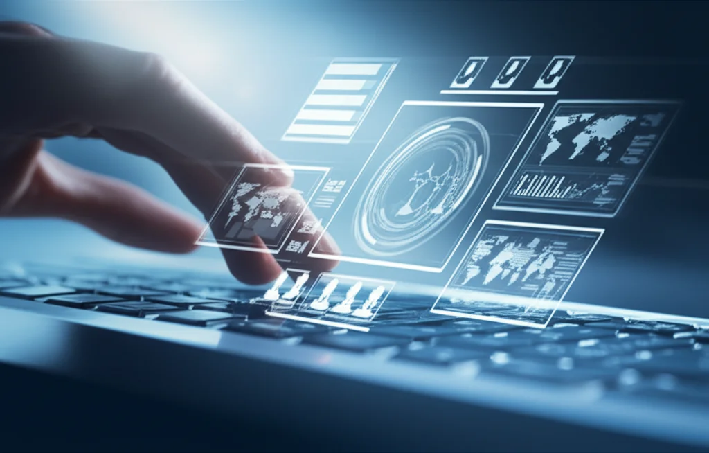 Una mano che digita su una tastiera futuristica, con schermi olografici che mostrano grafici di dati e volti di cittadini. Luce controllata e fredda, dettagli precisi sulla mano e sulla tastiera, obiettivo macro 60mm.