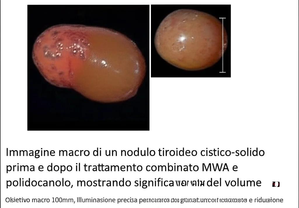 Immagine macro di un nodulo tiroideo cistico-solido prima e dopo il trattamento combinato MWA e polidocanolo, mostrando una significativa riduzione del volume. Obiettivo macro 100mm, illuminazione precisa per evidenziare la texture e la riduzione, sfondo neutro.
