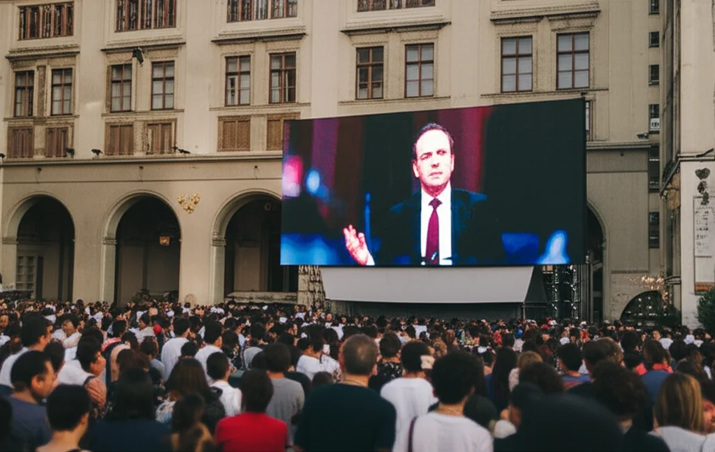 Una piazza affollata di persone diverse che guardano verso un grande schermo che proietta un politico carismatico. L'immagine del politico è leggermente distorta, quasi un'illusione. Scatto grandangolare 24mm, luce del tardo pomeriggio, effetto leggermente desaturato.