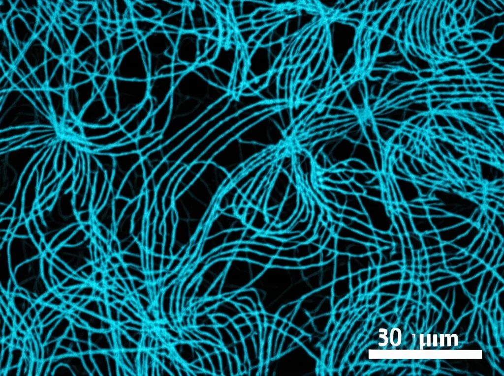 Lenti macro, 80 mm, dettagli elevati, messa a fuoco precisa, illuminazione controllata, che mostrano fili proteici intrecciati che formano una struttura trimerica di SOD1, alcuni luminosi debolmente, contro uno sfondo cellulare scuro, leggermente sfocato, trasmettendo complessità e una scoperta scientifica.