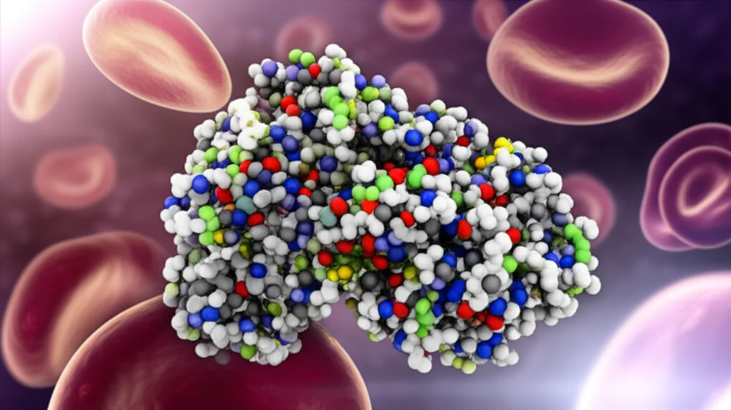 Visualizzazione computerizzata della molecola di taurina con sfondo astratto rappresentante cellule immunitarie e segnali mTORC1. Illuminazione drammatica, high detail, per enfatizzare la struttura chimica e il contesto biologico.