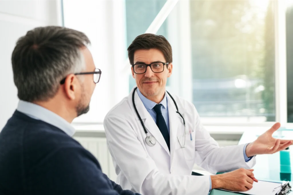 Un medico oncologo, in un ambiente ospedaliero moderno e luminoso, discute con un paziente anziano ma dall'aria determinata. Focus sul volto del medico che esprime empatia e professionalità. Prime lens, 35mm, depth of field, luce naturale soffusa.