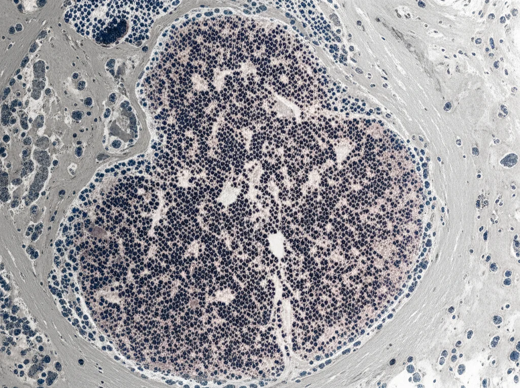 Una visualizzazione microscopica di cellule tumorali della vescica, ad alto dettaglio, con illuminazione controllata per evidenziare le strutture. Macro lens, 100mm, high detail, precise focusing.