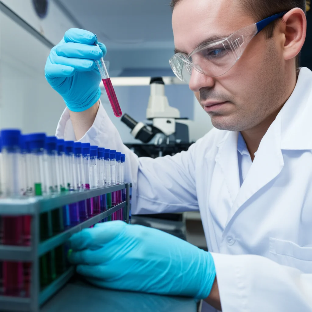 Un laboratorio di ricerca scientifica avanzato, con ricercatori in camice bianco che lavorano su campioni. In primo piano, una mano guantata che maneggia una provetta con un liquido colorato, simbolo di innovazione. Telephoto zoom, 100mm, high detail, controlled lighting.