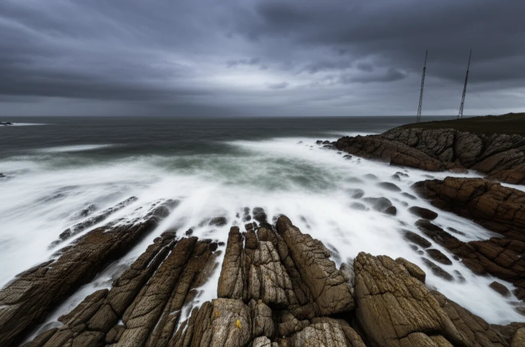 Veduta aerea dell'Alderney Race con onde tumultuose e schiuma bianca, due antenne radar HF visibili sulla costa rocciosa in primo piano. Fotografia paesaggistica, grandangolo 18mm, lunga esposizione per acqua mossa, cielo drammatico.