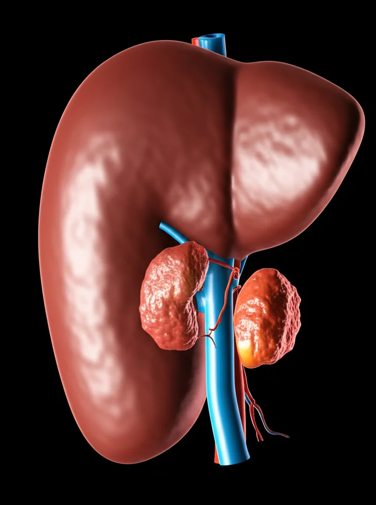 Visualizzazione 3D di un fegato umano affetto da epatocarcinoma con trombosi della vena porta, prima del trattamento. L'immagine mostra la complessità della malattia, con vasi sanguigni dettagliati e il tumore evidenziato. Macro lens, 70mm, illuminazione drammatica per evidenziare le aree malate, high detail, precise focusing.