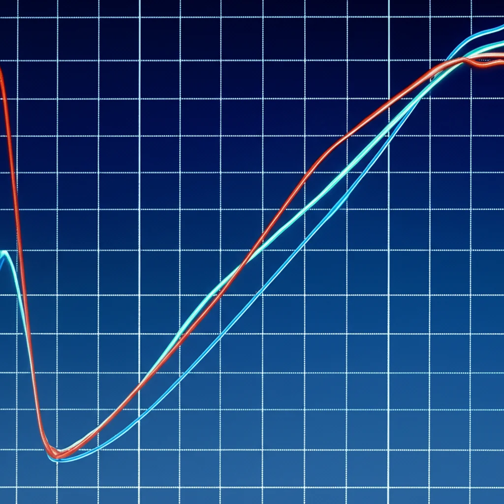 Visualizzazione scientifica astratta di spettri Doppler sovrapposti, con picchi netti e picchi larghi su uno sfondo blu scuro con linee di griglia. Macro lens, 100mm, alta definizione, illuminazione da studio per evidenziare i dettagli dei grafici.