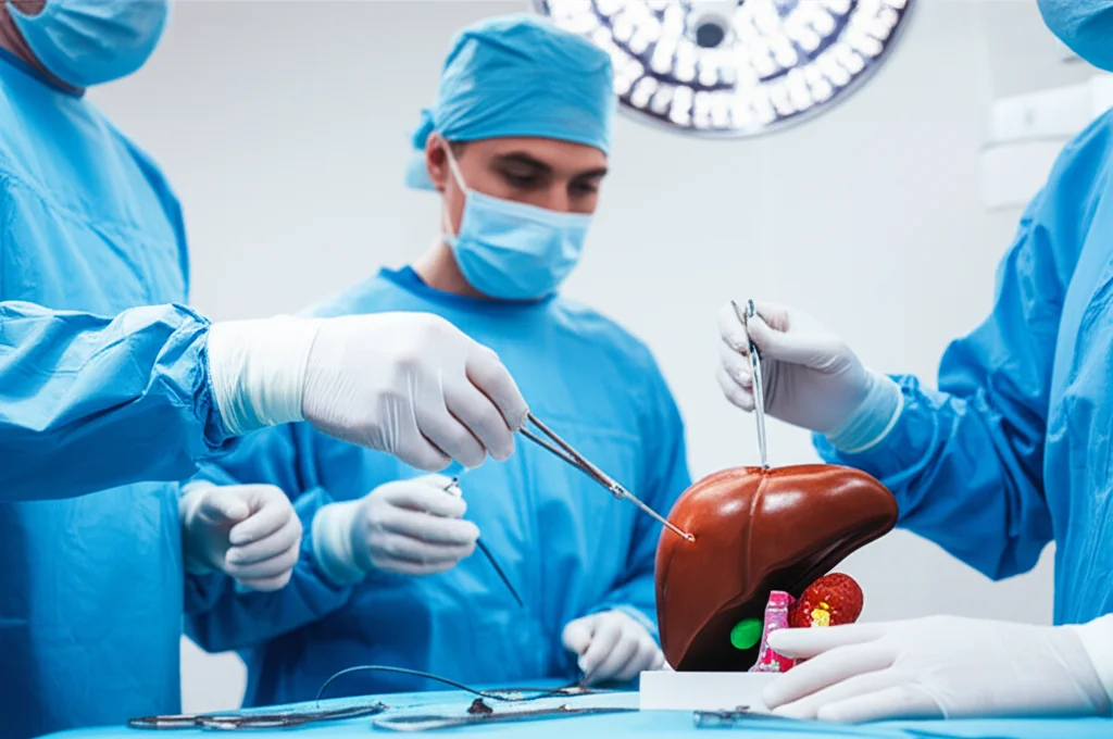 Un team chirurgico concentrato durante un'operazione di resezione epatica in una sala operatoria moderna e ben illuminata. Dettaglio sulle mani guantate dei chirurghi che maneggiano strumenti di precisione vicino a un modello anatomico del fegato. Prime lens, 35mm, depth of field, colori clinici con un'atmosfera di serietà e speranza.