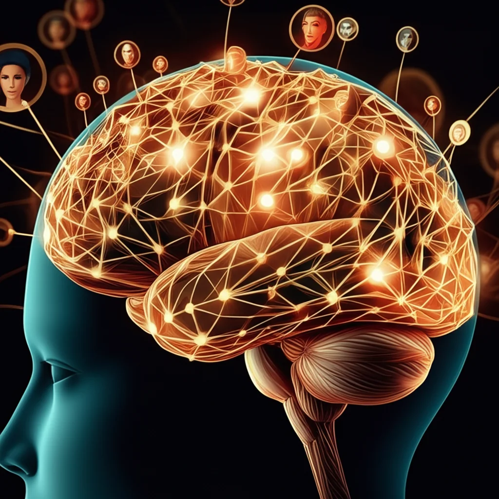 Visualizzazione astratta di un cervello umano con reti neurali interconnesse e luminose. Alcune connessioni sono più spesse o brillanti, a simboleggiare associazioni più forti. Intorno al cervello, icone stilizzate di volti, nomi e parole in diverse lingue. Macro lens, 60mm, high detail, illuminazione controllata per enfatizzare le connessioni e la complessità.