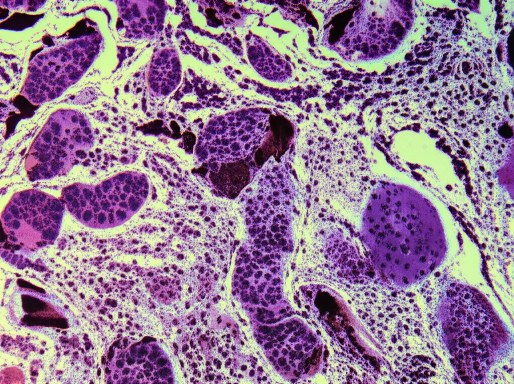 Macro fotografia di una sezione di tessuto tumorale FFPE illuminata da diverse luci colorate che rappresentano le aree di interesse per l'analisi trascrittomica; lente macro 90mm, alta definizione, illuminazione controllata per evidenziare la complessità cellulare.