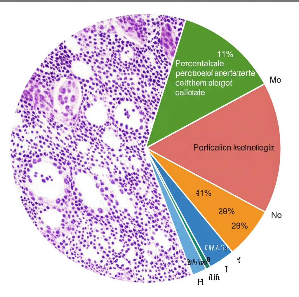 Immagine digitale ad alta risoluzione di una sezione di tessuto tumorale con sovrapposte delle torte grafiche colorate che indicano la percentuale dei diversi tipi cellulari in ogni 'spot' o area di interesse; stile scientifico, chiaro e informativo.