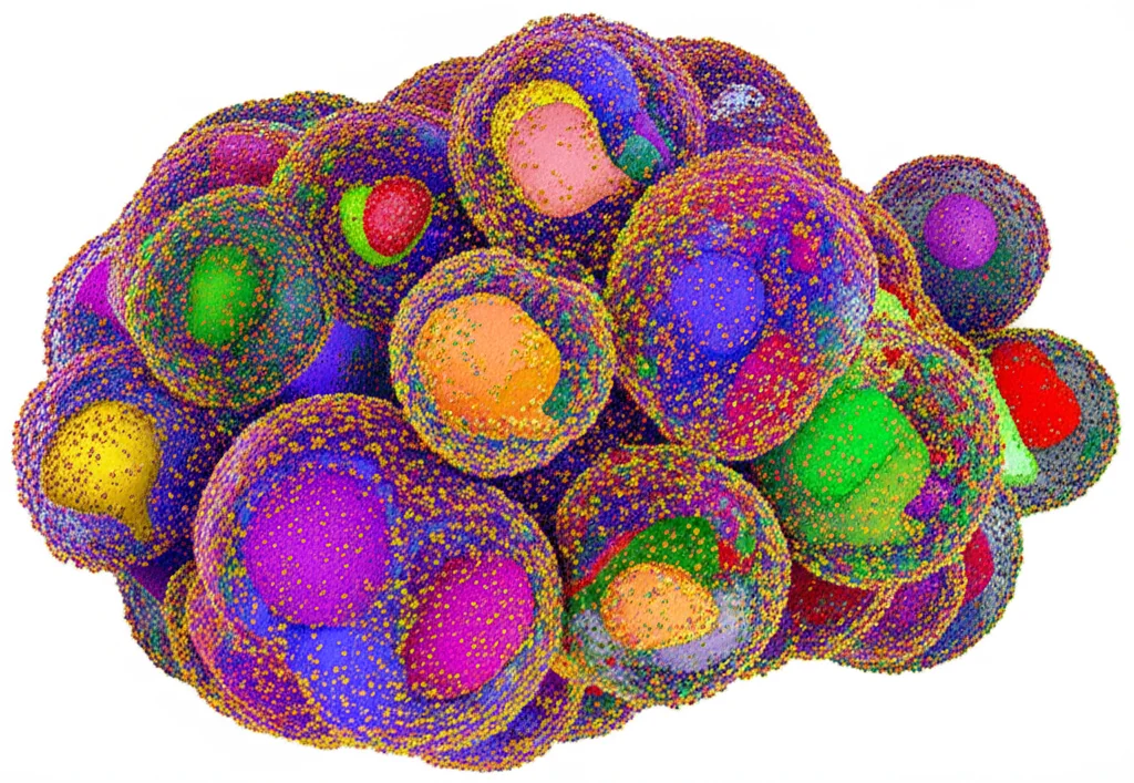 Visualizzazione 3D astratta di un tumore eterogeneo, con cluster di cellule di diversi colori che rappresentano sottotipi tumorali distinti; teleobiettivo 150mm, profondità di campo per mettere a fuoco specifiche aree, illuminazione drammatica per enfatizzare la diversità.